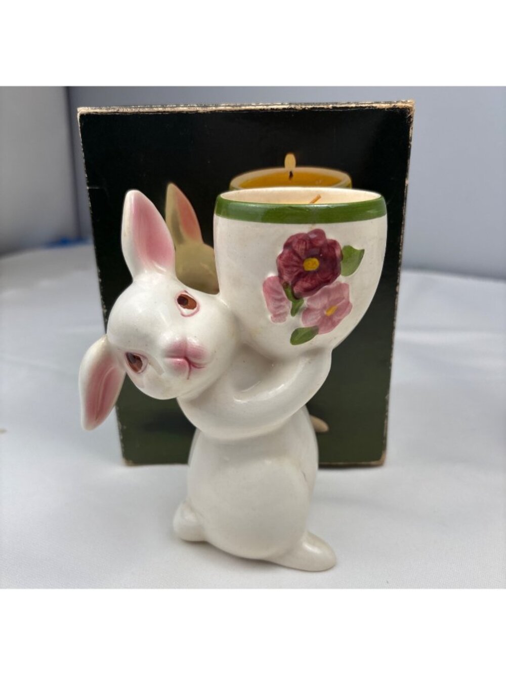 Avon Sunny Bunny Ceramic Candle Holder Floral Medley Candlelette Box 1981